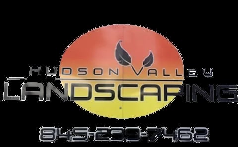 Hudson Valley Landscaping logo featuring a stylized leaf design in an orange and yellow oval with contact number 845-220-1482
